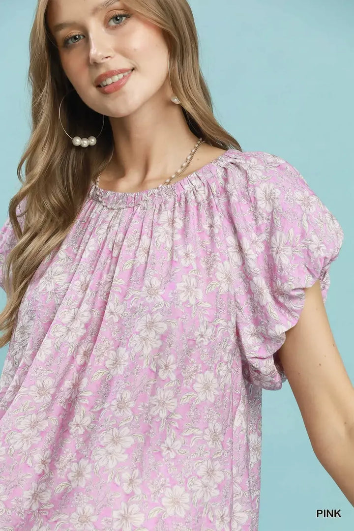 Floral puff sleeve blouse with gathered neckline
