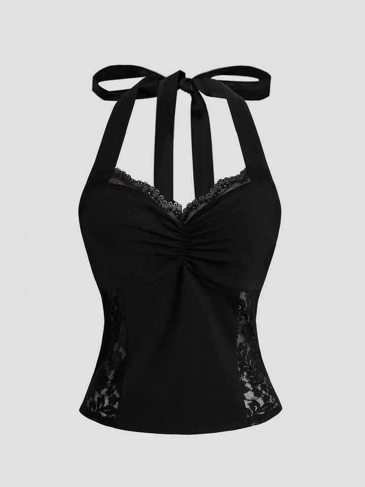 Lace-trim halter cami with sheer side panels