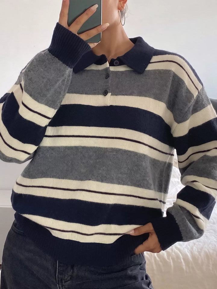 Dark Blue Striped polo collar sweater with button placket