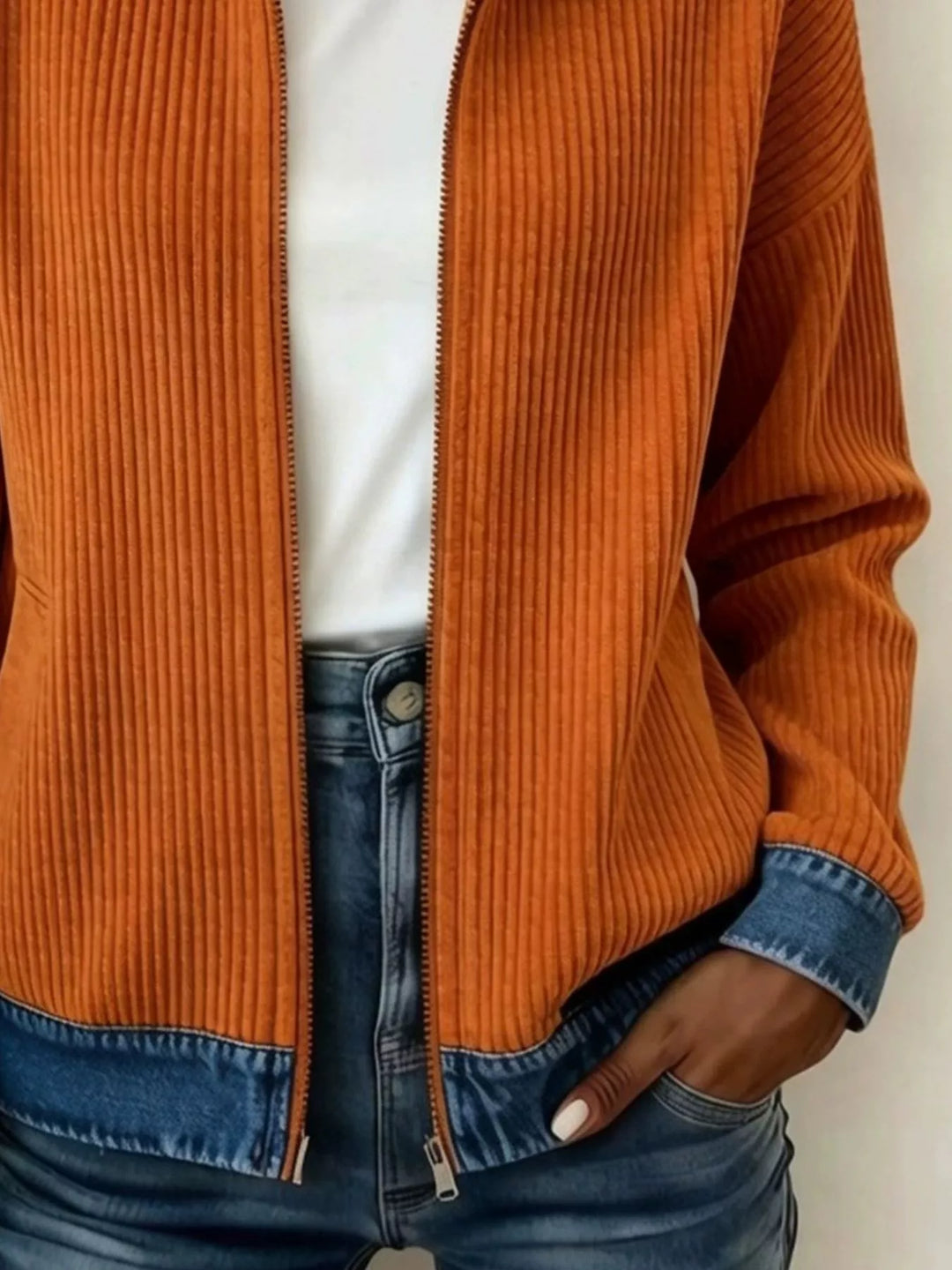Ribbed knit zip-up jacket with denim collar and cuffs
