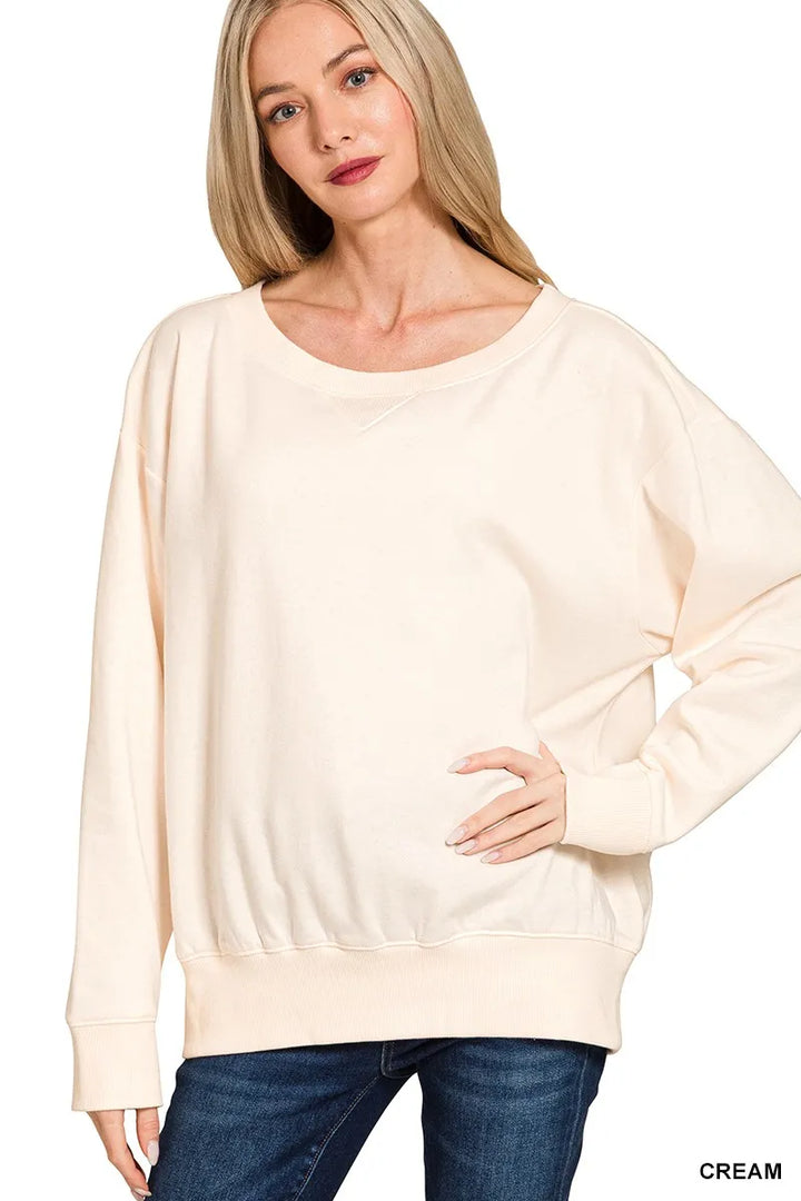 CREAM Fleece boat neck sweatshirt with ribbed cuffs and hem