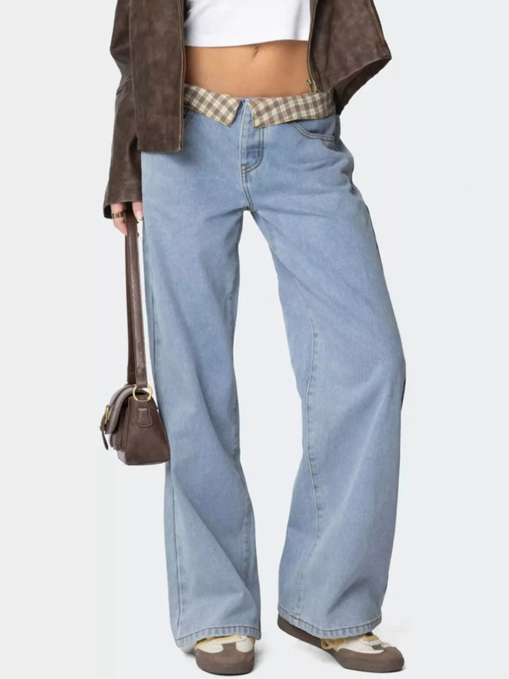 Light Blue Low rise wide leg jeans with plaid fold-over waistband