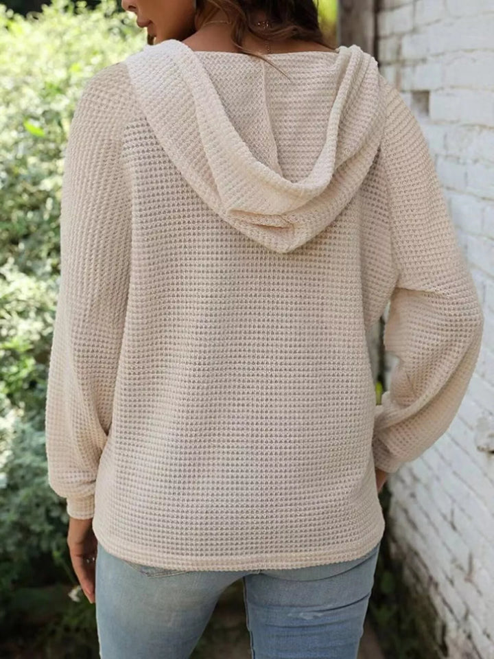 Waffle knit button-front hoodie with drawstring hood