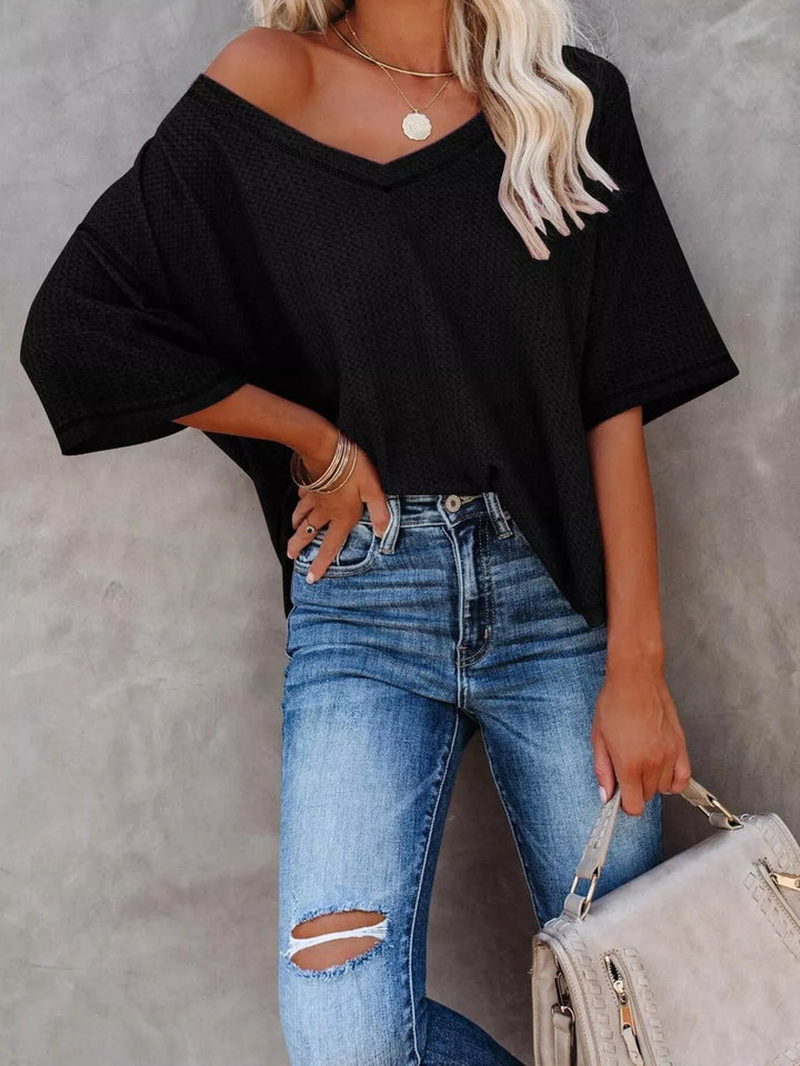 Waffle knit v-neck drop shoulder short sleeve tee