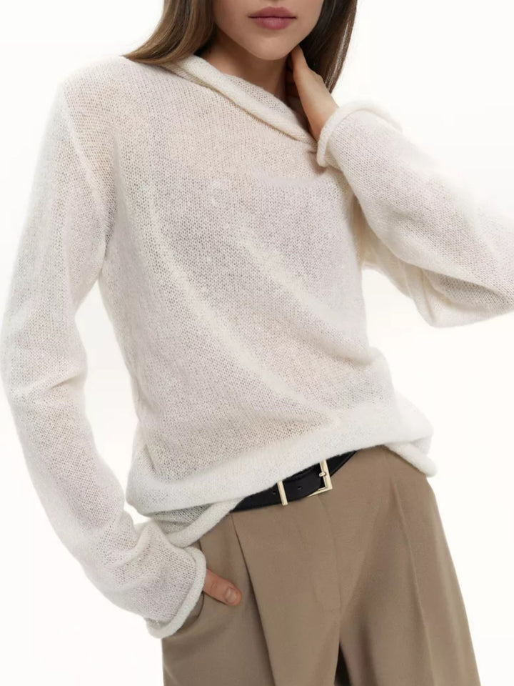 White Sheer open-knit mock neck sweater with long sleeves