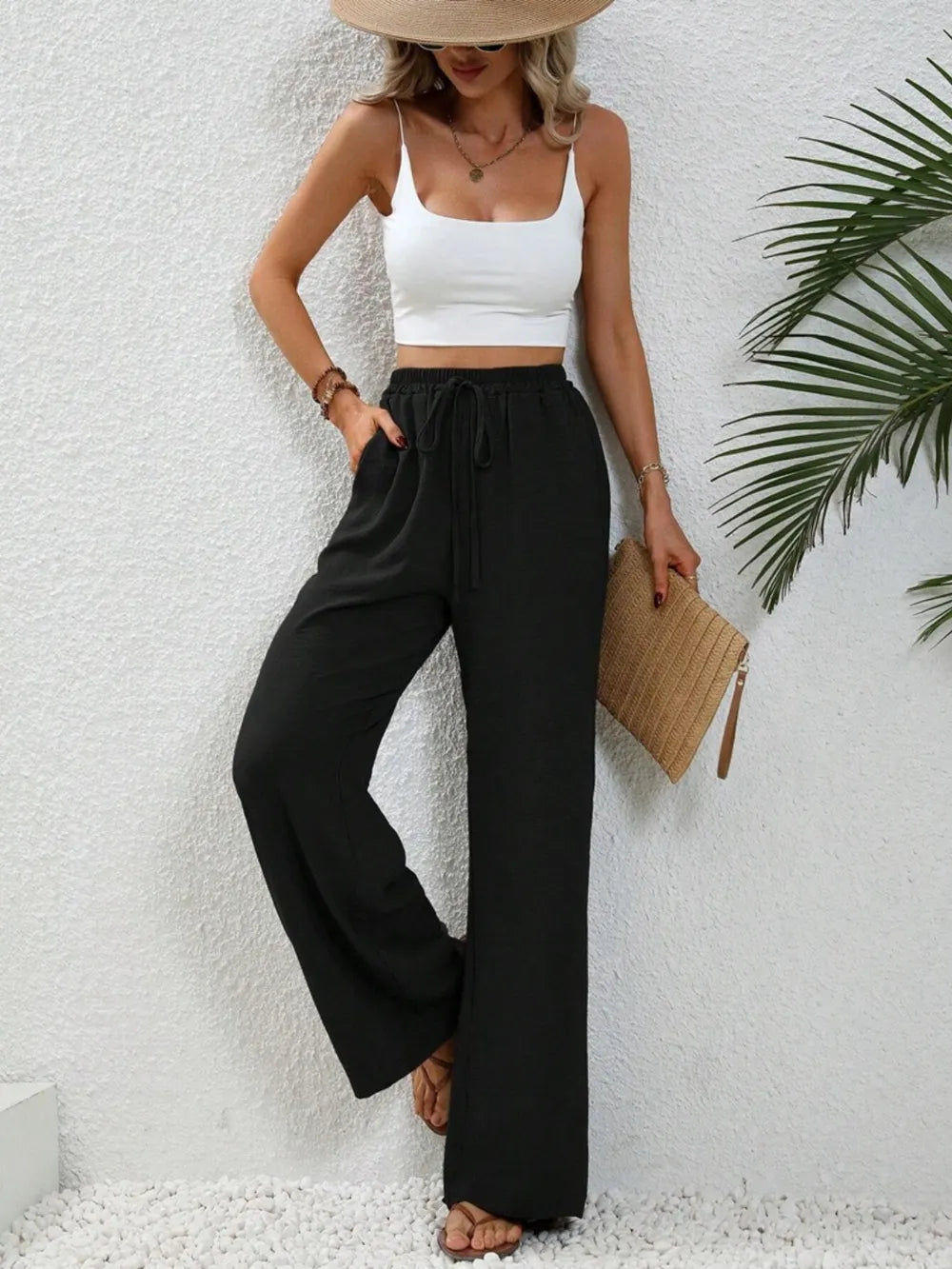High-rise wide leg drawstring pants with pockets