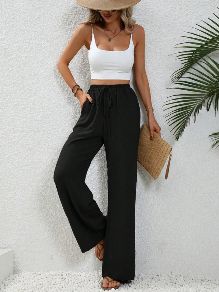 High-rise wide leg drawstring pants with pockets