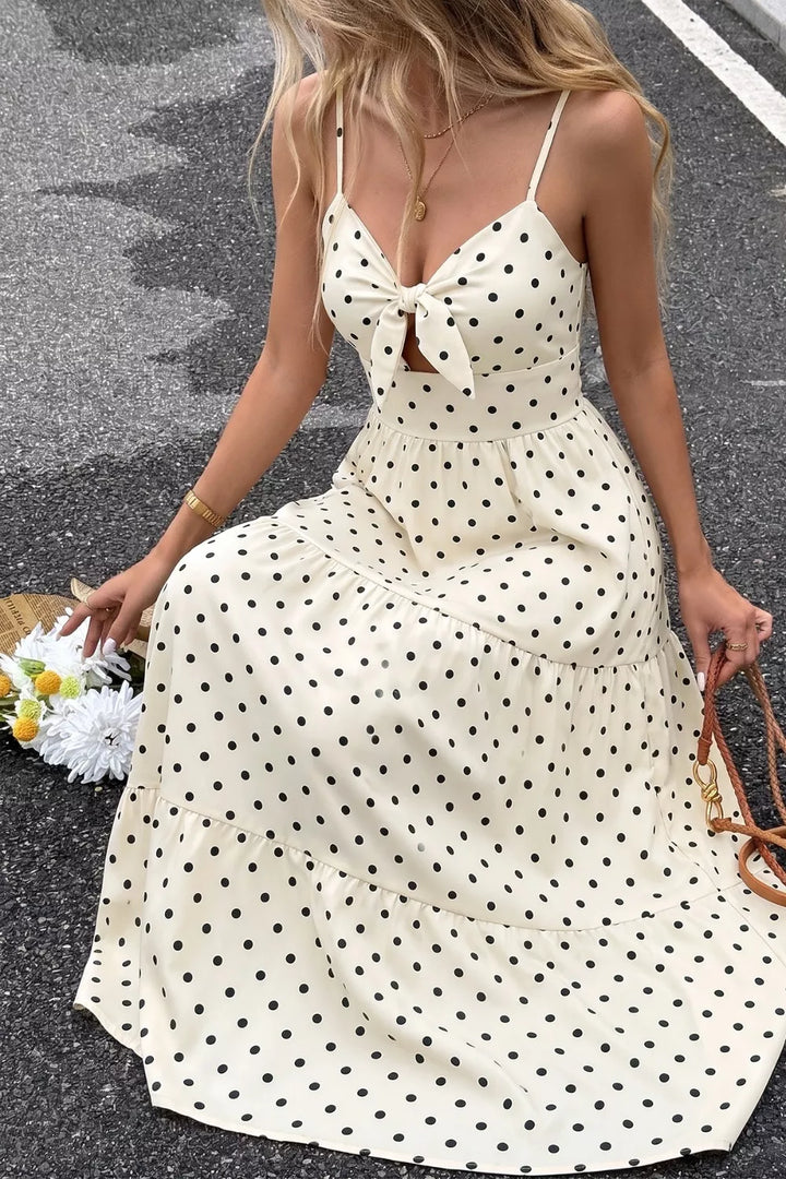Polka dot tie-front cutout tiered maxi dress