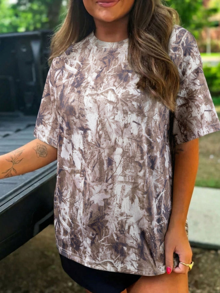 Mocha Woodland camouflage print drop shoulder tunic tee