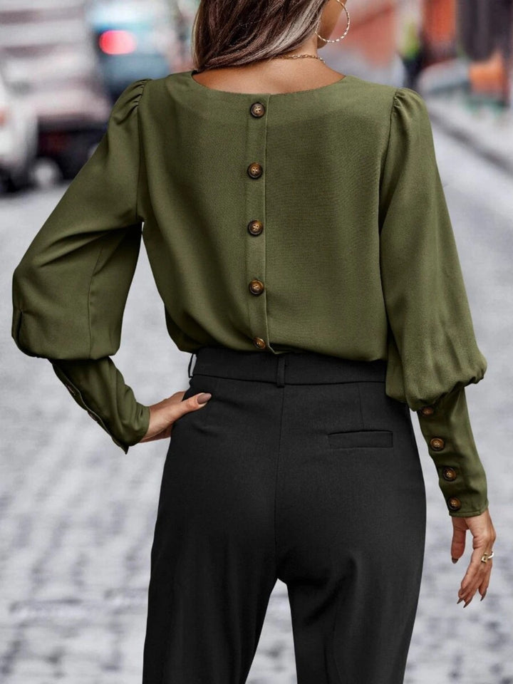 Lantern sleeve round neck blouse with puff shoulders