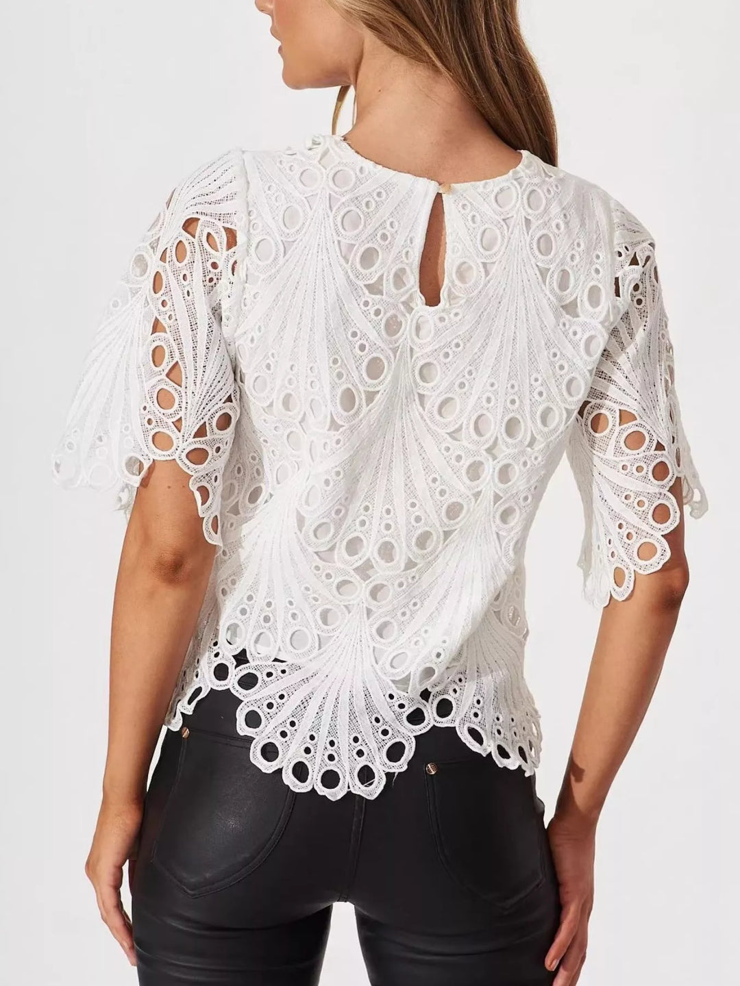 Geometric eyelet lace blouse with scalloped hem
