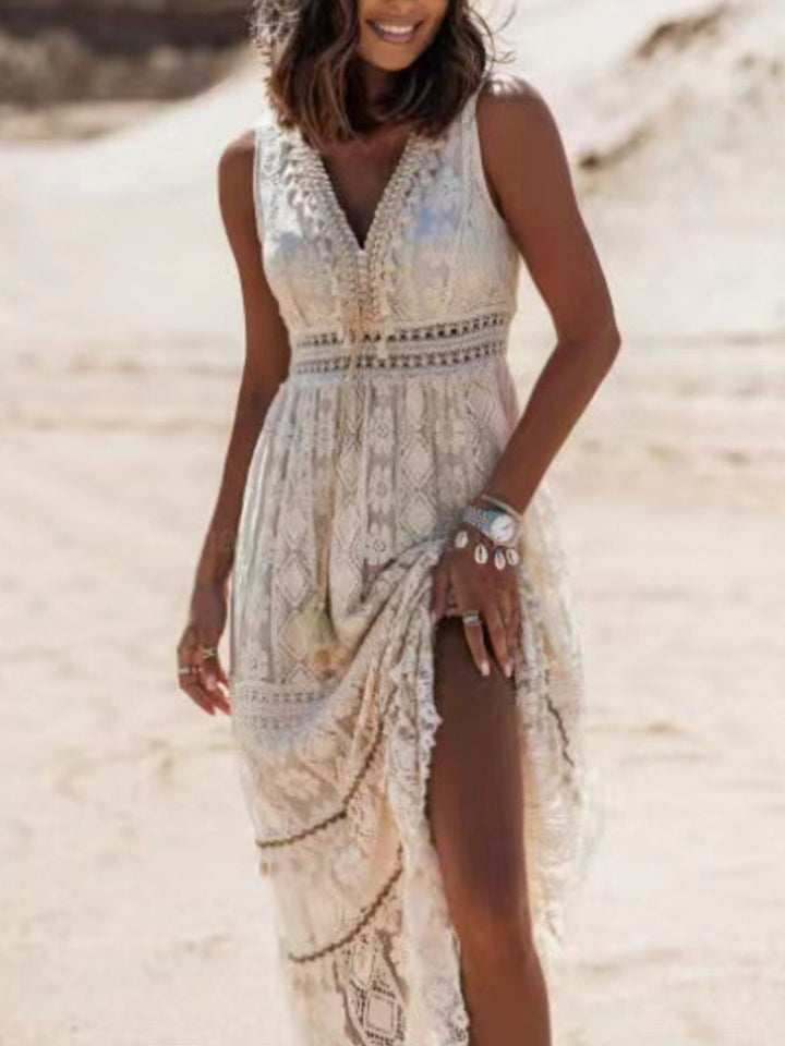 Apricot Crochet lace sleeveless V-neck maxi dress with tassel trim