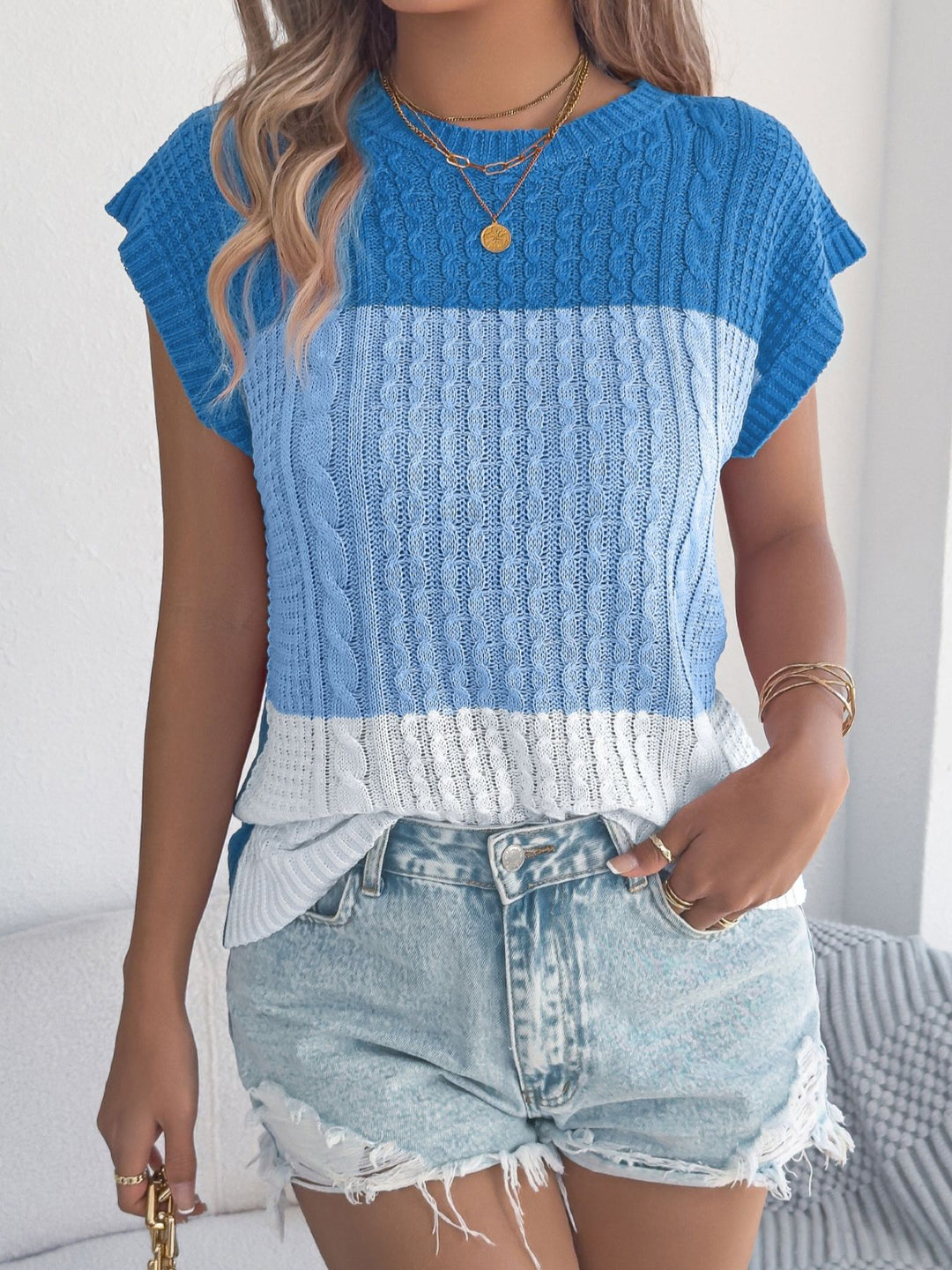 Color block cable knit short sleeve sweater top