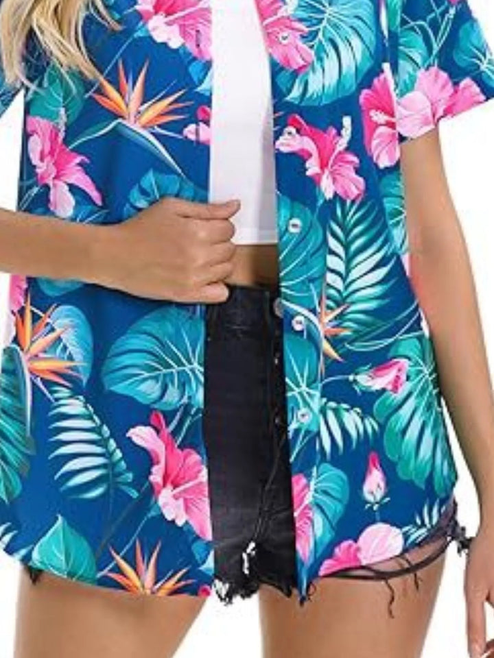 Tropical hibiscus print short sleeve button-up shirt