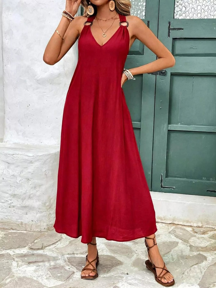 Ring-strap V-neck sleeveless flowy maxi dress