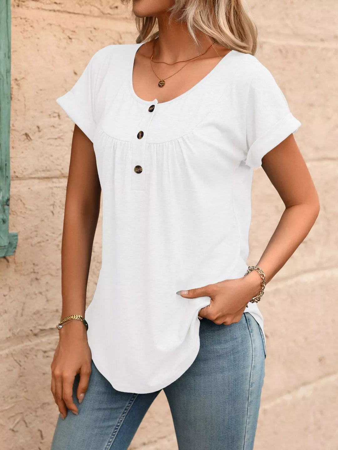 White Ruched button-placket henley top with cap sleeves
