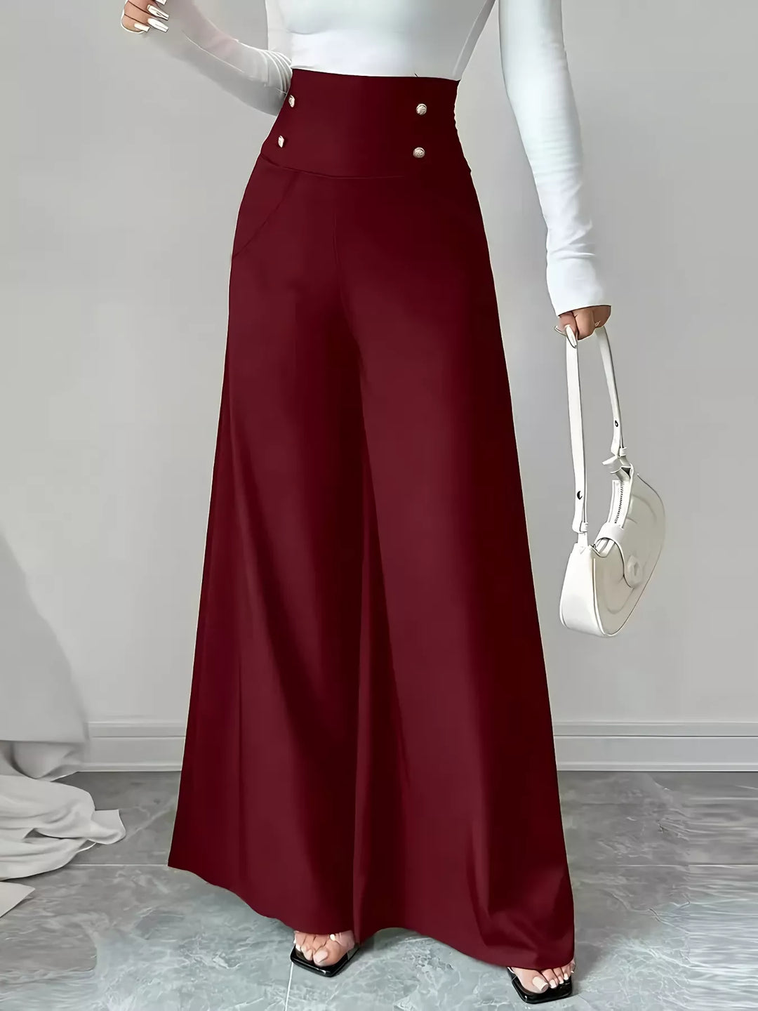 Burgundy High-rise wide-leg pants with button-detail waistband