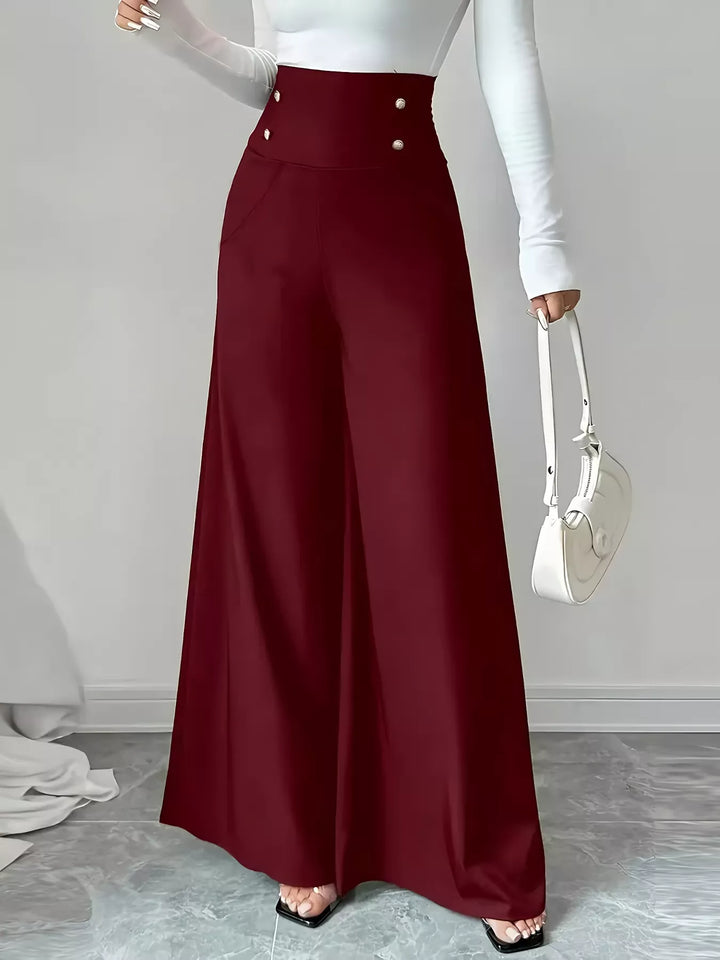 Burgundy High-rise wide-leg pants with button-detail waistband