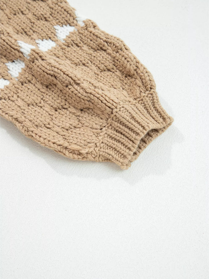 Textured knit puff sleeve sweater with contrast stripe detail