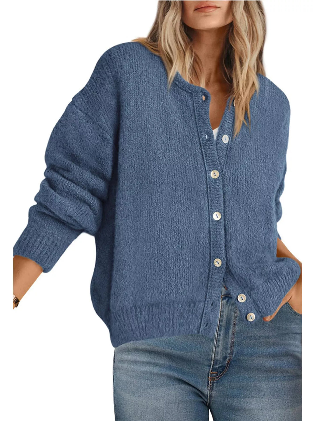 Haze Blue Button-front dropped shoulder knit cardigan