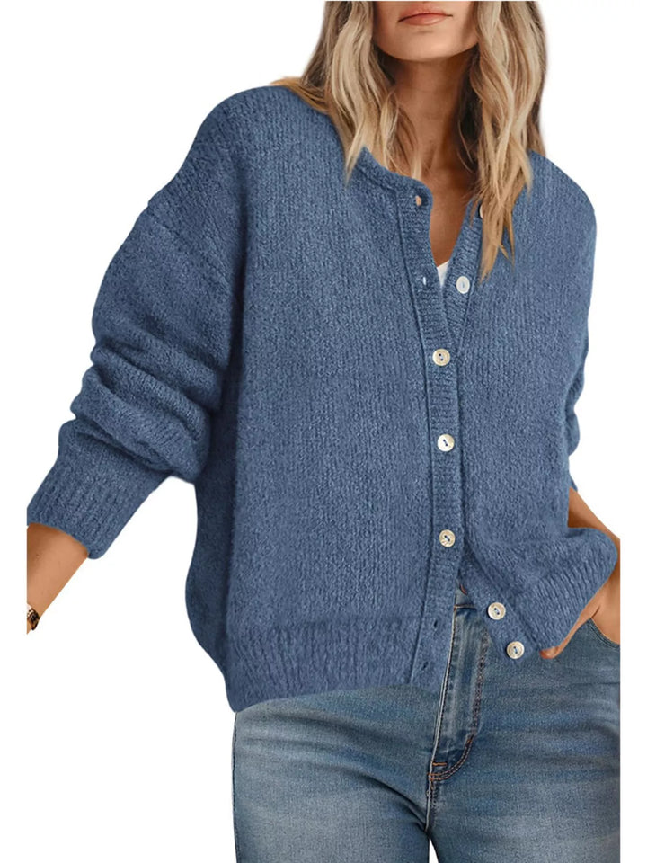 Haze Blue Button-front dropped shoulder knit cardigan