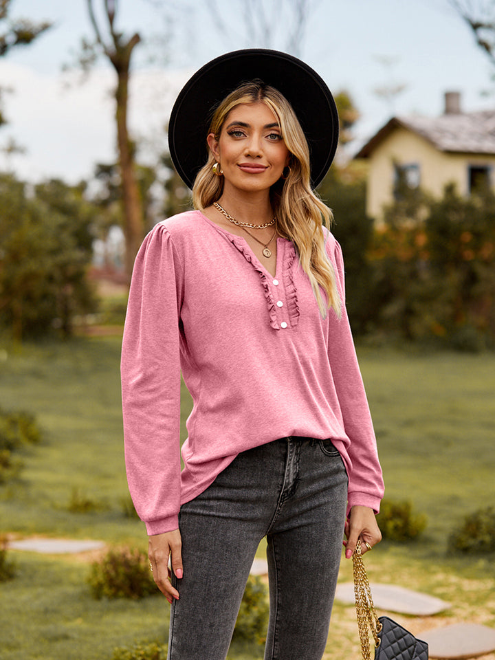 Ruffle trim puff sleeve split-neck blouse