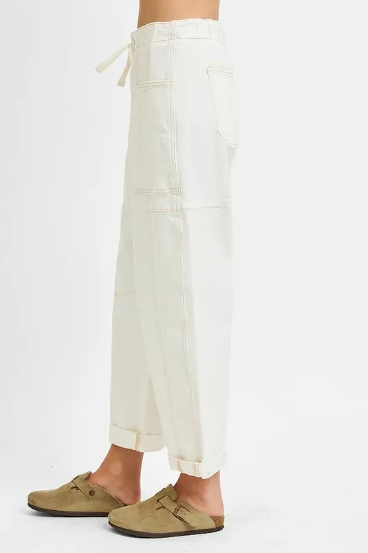 High-rise barrel-leg utility jeans with drawstring waist