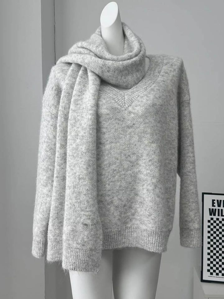 Oversized dropped-shoulder knit sweater with scarf