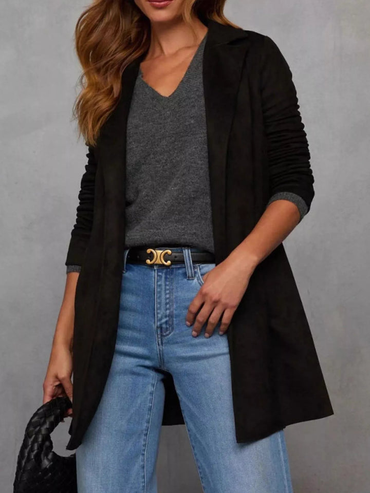 Black Open-front longline coat with notched lapel collar