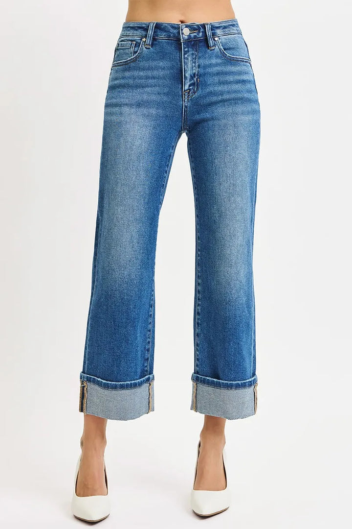MEDIUM Mid rise straight crop jeans with wide cuffed hem