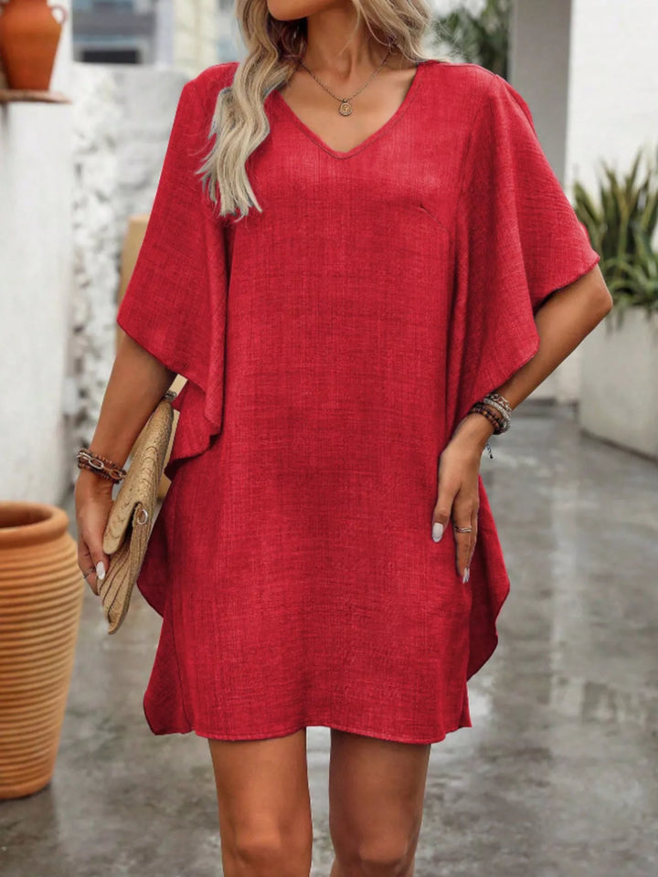 Red Flutter sleeve V-neck mini dress in textured weave