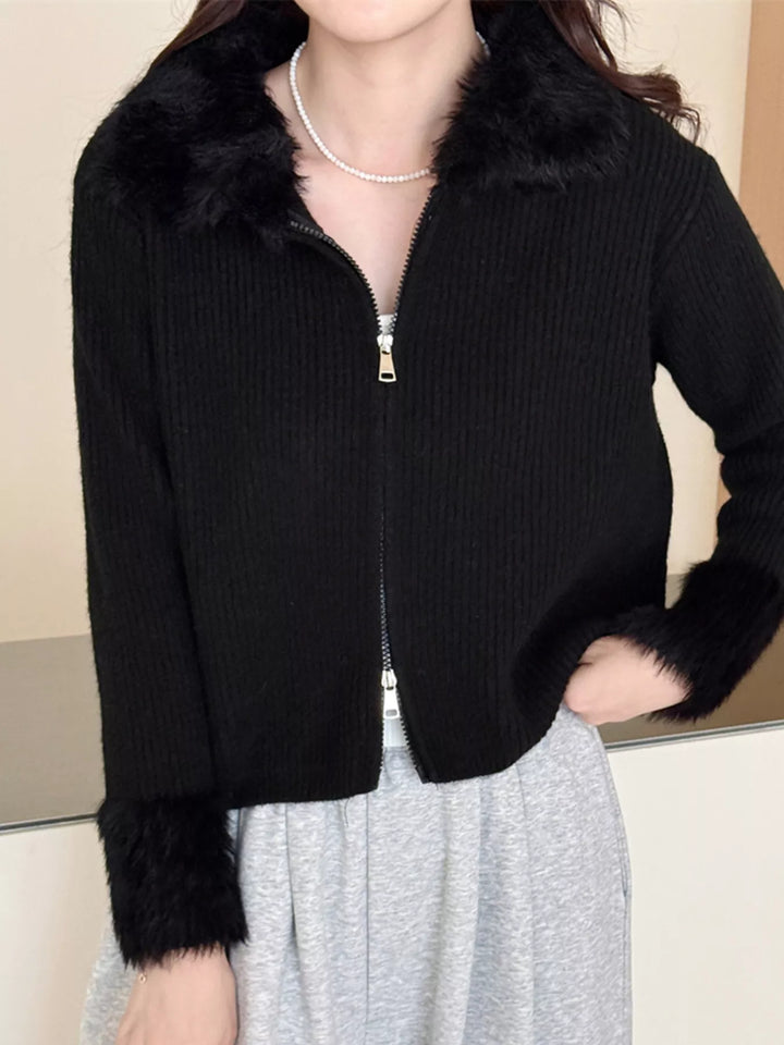 Black Ribbed knit zip-up cardigan with fluffy faux fur trim