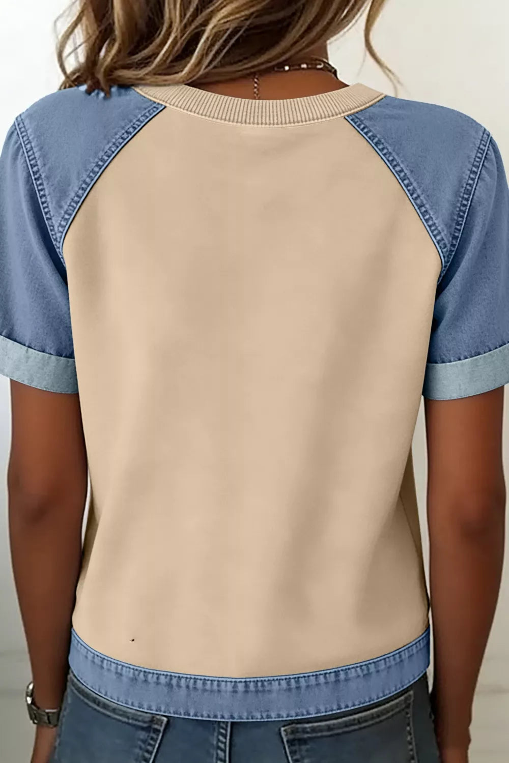 Color block denim raglan sleeve crew neck tee