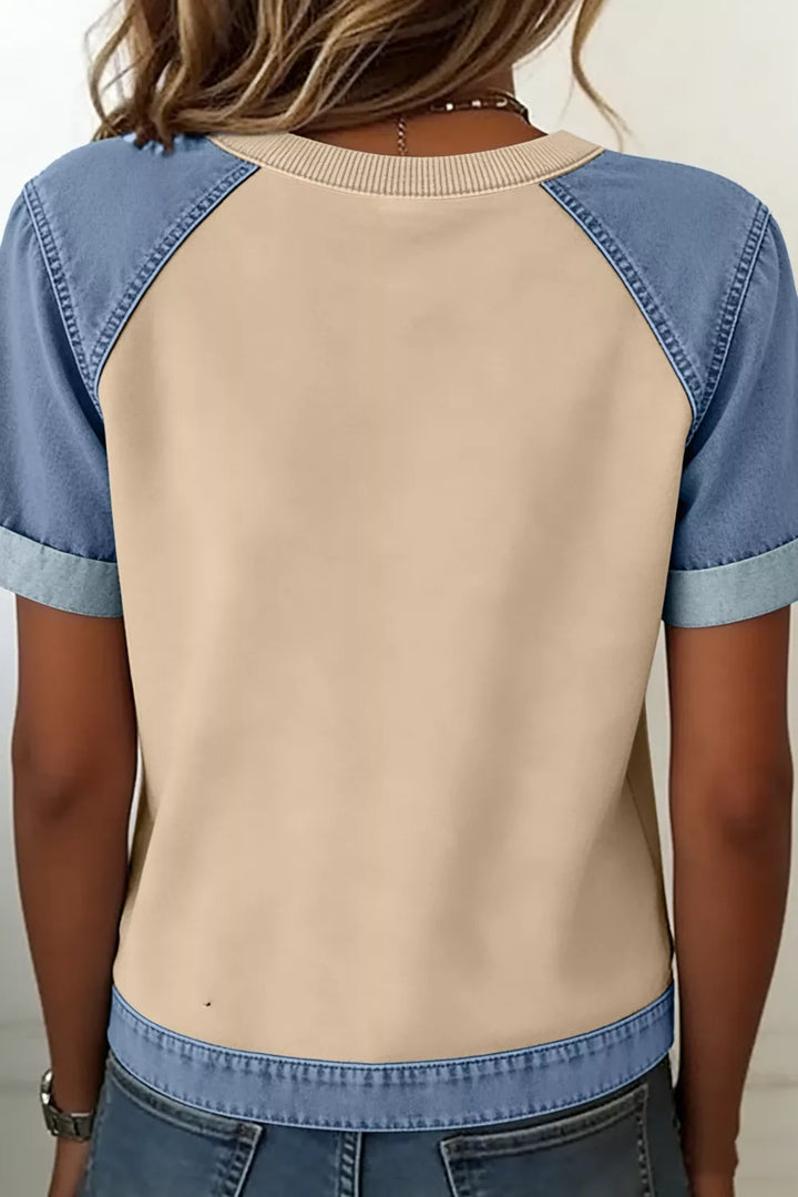 Color block denim raglan sleeve crew neck tee