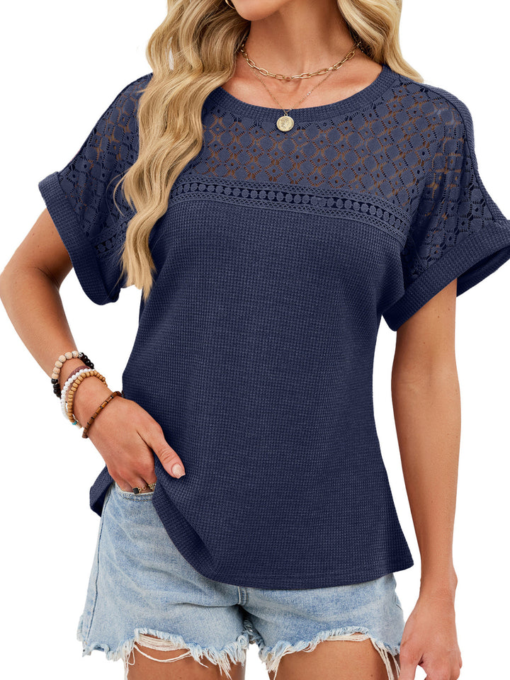 Navy Blue Crochet lace yoke waffle knit short sleeve top