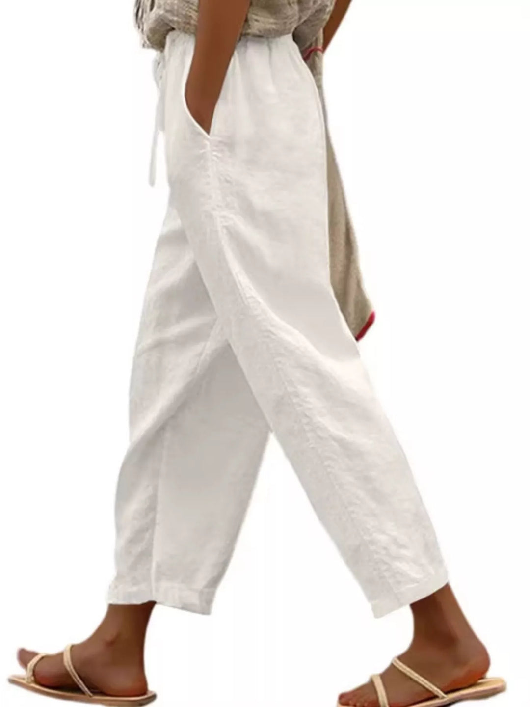White Drawstring linen-look cropped pants with side pockets