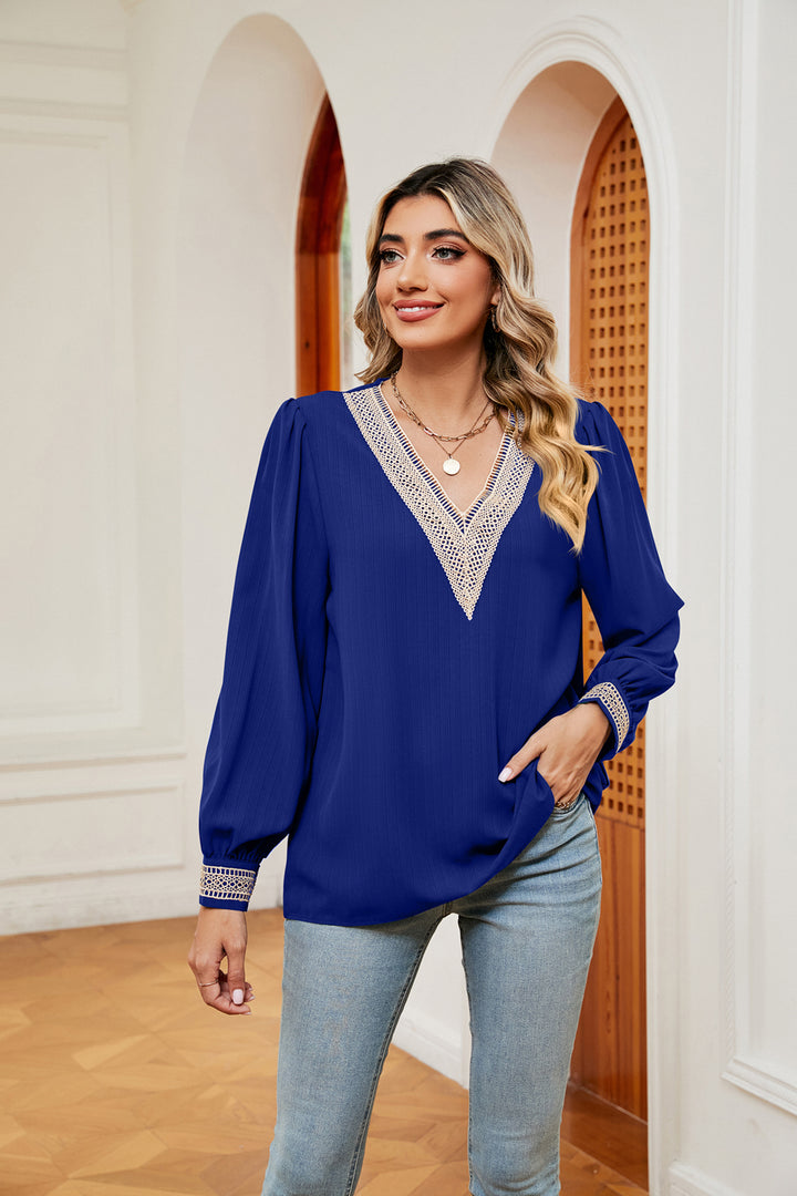 Royal  Blue Contrast crochet trim V-neck puff sleeve blouse