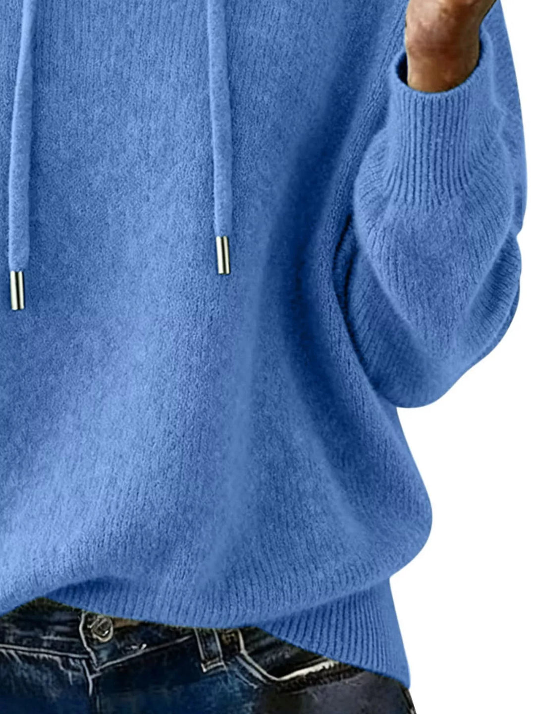 Drawstring hooded knit pullover sweater with ribbed cuffs