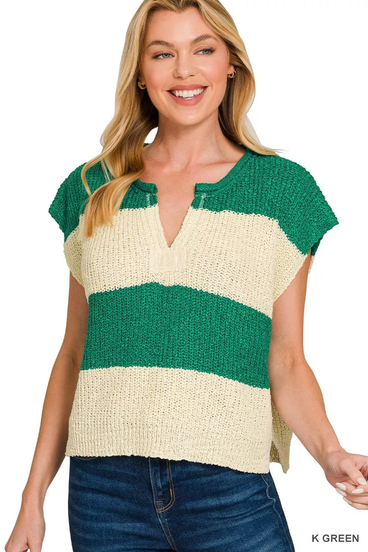 K GREEN Split-neck striped short-sleeve knit sweater
