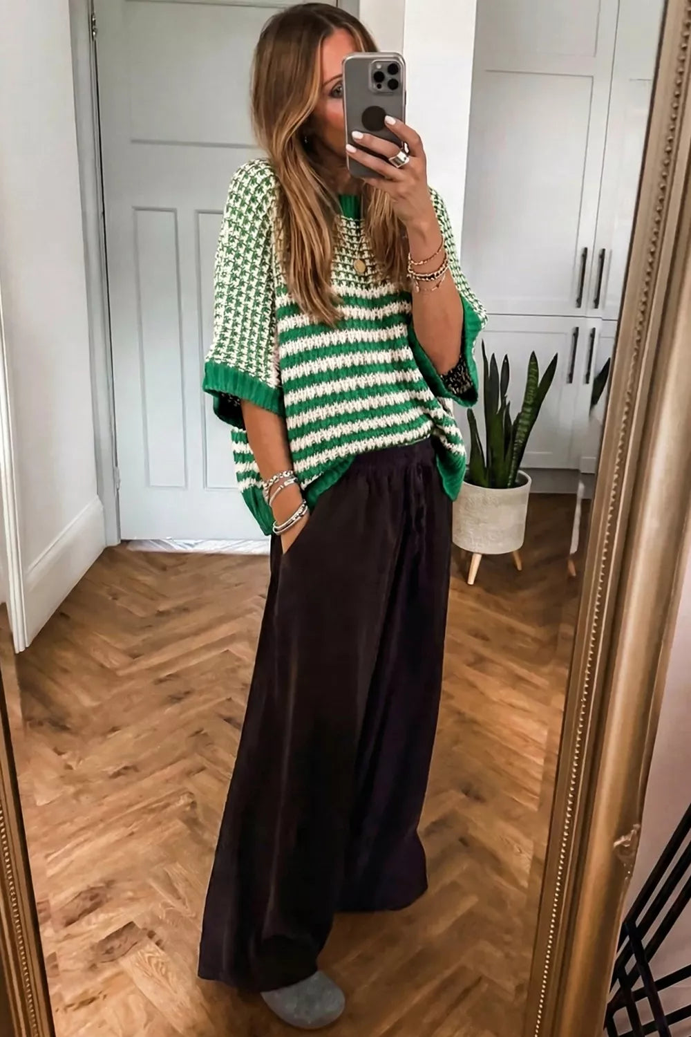 Striped textured knit sweater with drop shoulder sleeves