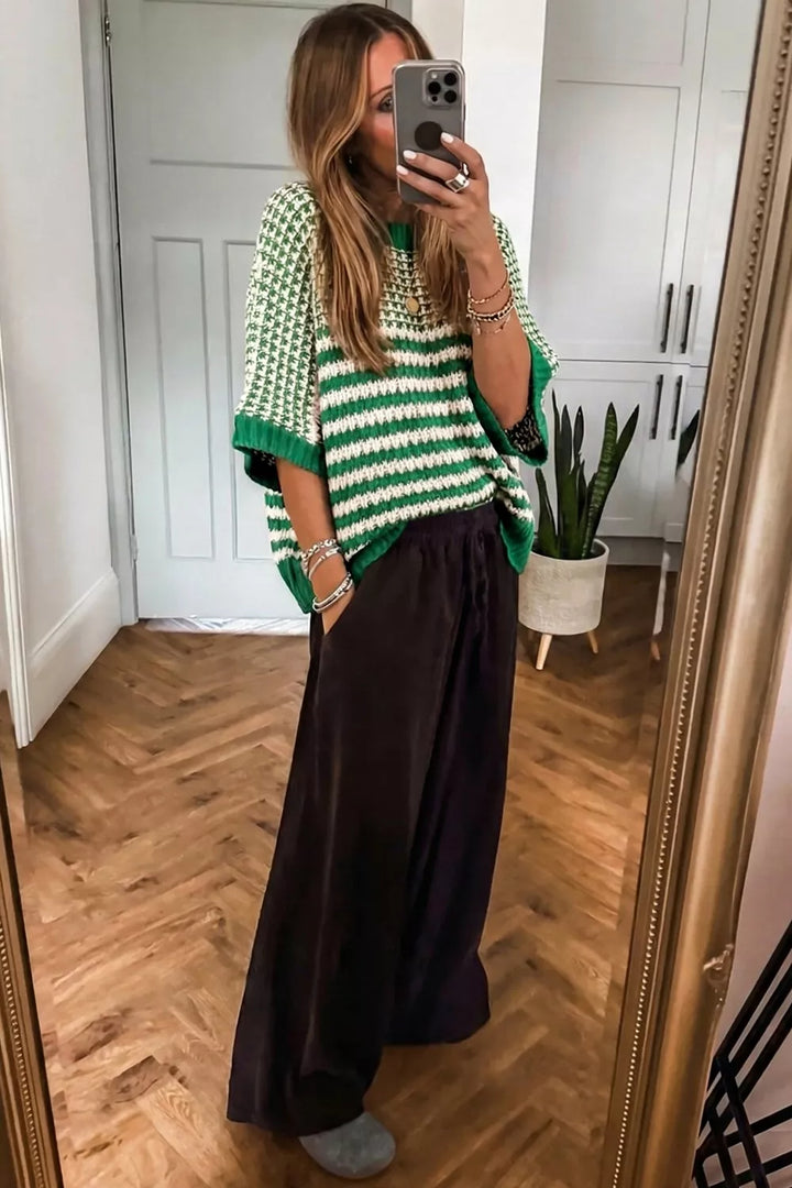 Striped textured knit sweater with drop shoulder sleeves