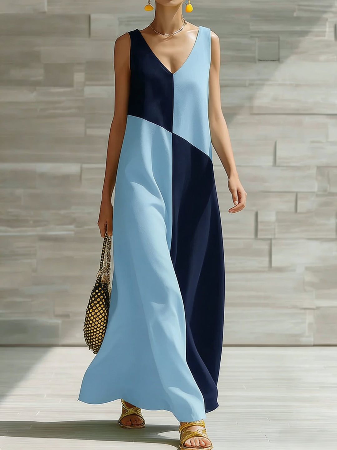 Light Blue Color block sleeveless V-neck maxi dress