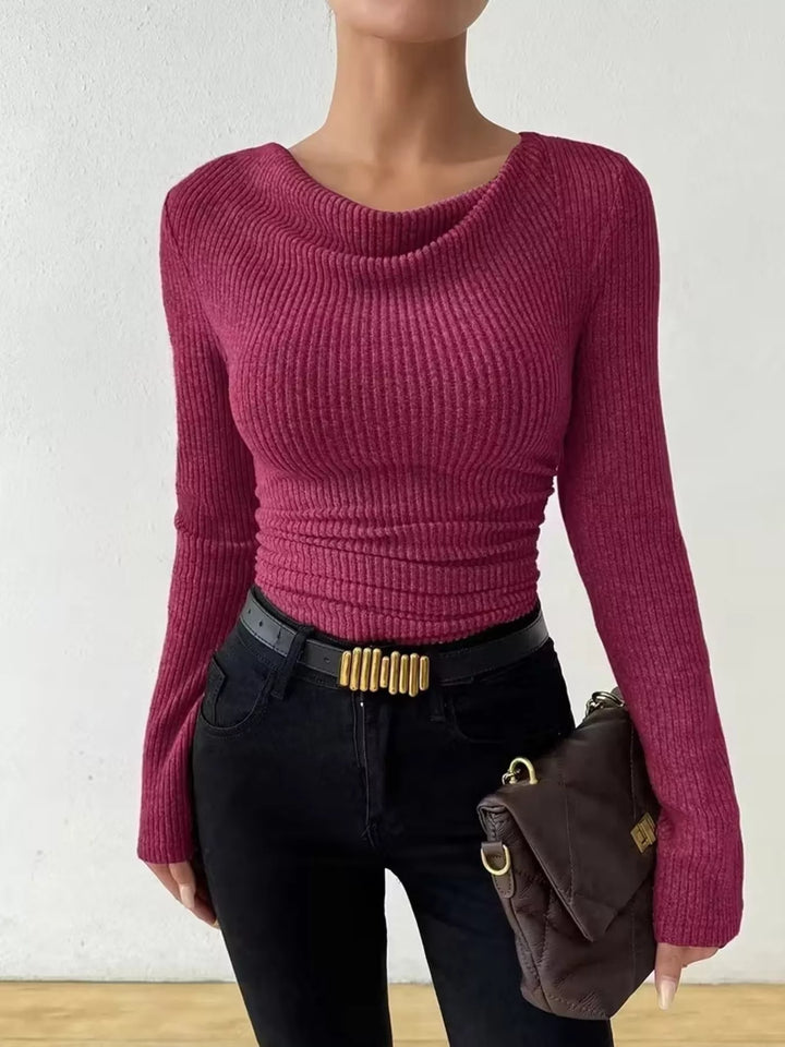 Ribbed knit cowl neck top with ruched sides