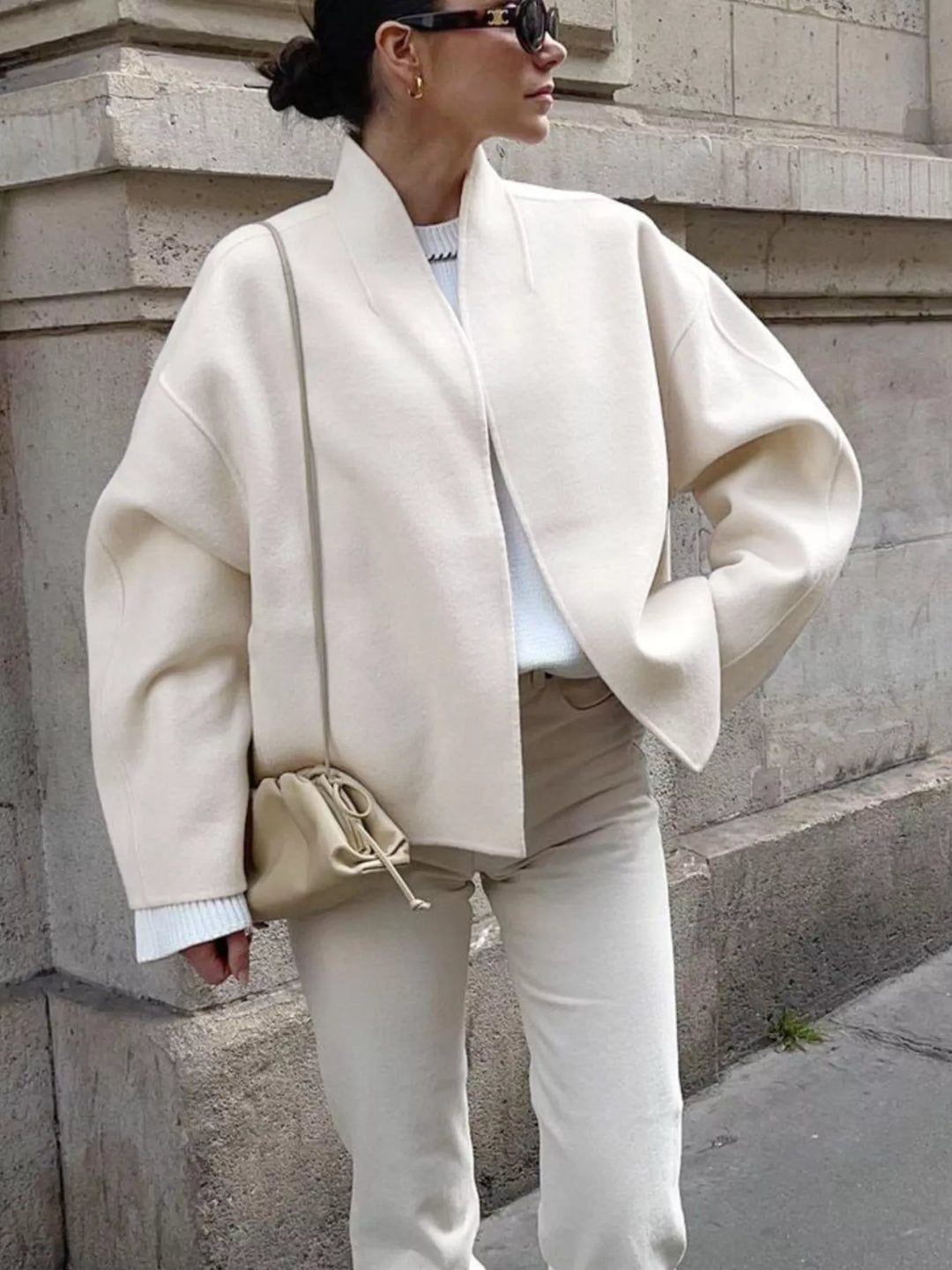 Ivory Dropped-shoulder open-front cropped jacket with shawl collar