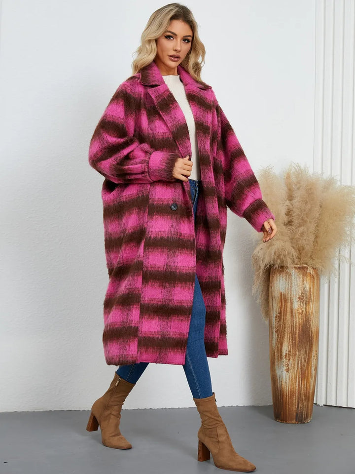 Plaid double-breasted longline coat with notch lapel