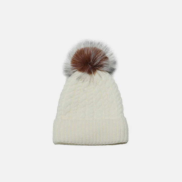 Ivory Braided cable knit pompom beanie with fold-over cuff