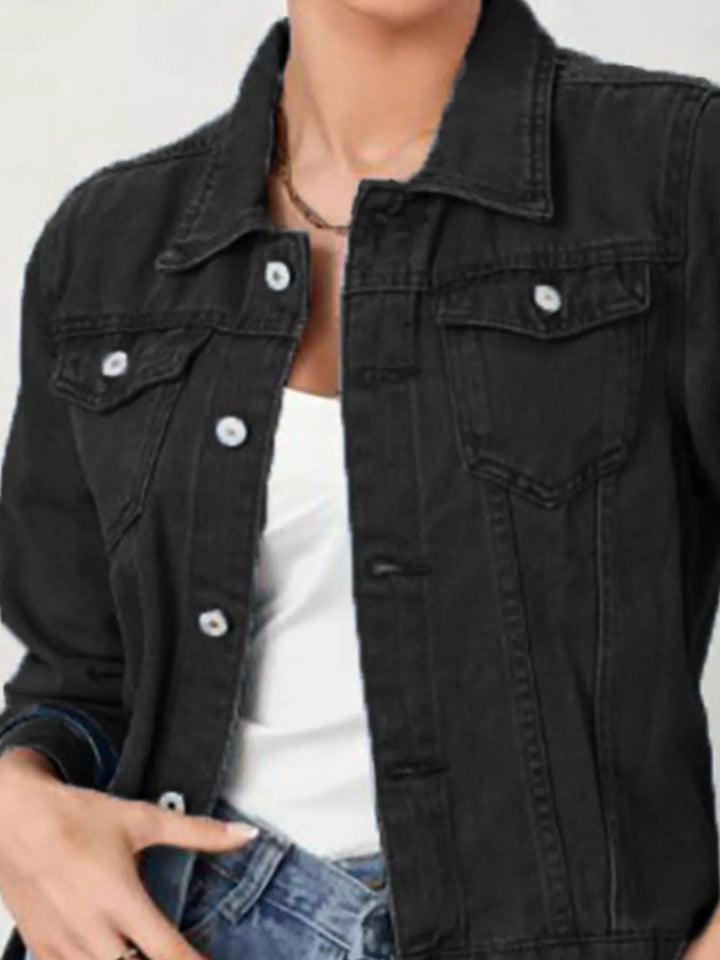 Cropped button-up denim trucker jacket with chest pockets