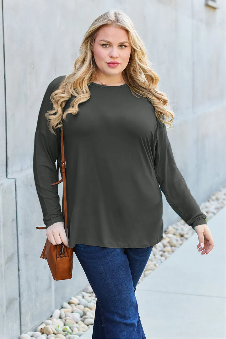 Dropped-shoulder round neck long sleeve knit top