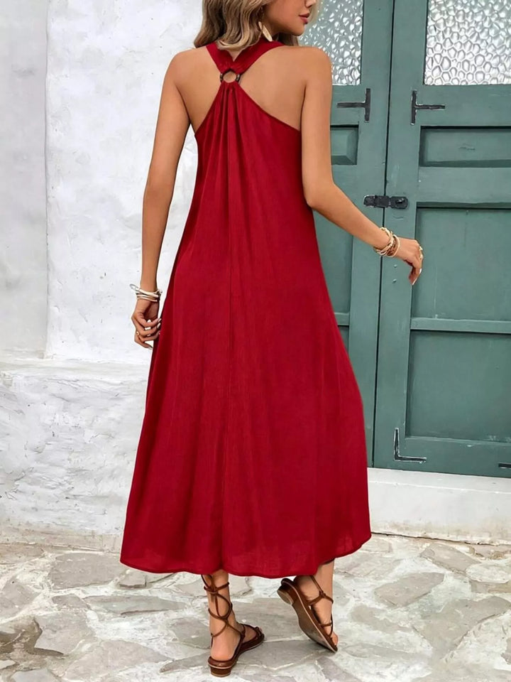 Ring-strap V-neck sleeveless flowy maxi dress
