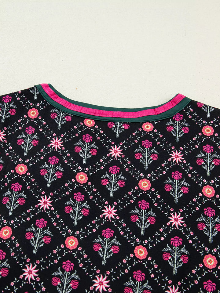 Vintage floral contrast V-neck blouse with bracelet sleeves